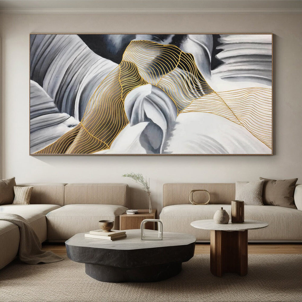 “Black - White - Gold Abstract Flowing Lines” - Luxe Abstract Painting On Canvas PS0351