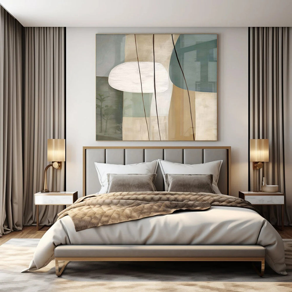 Light Green, Beige, White, and Gray Shapes "Nature's Geometry" Abstract Geometric Painting On Canvas PS1053