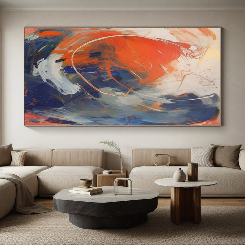 “Orange - Blue - White Abstract Swirling Forms” Painting On Canvas PS0843