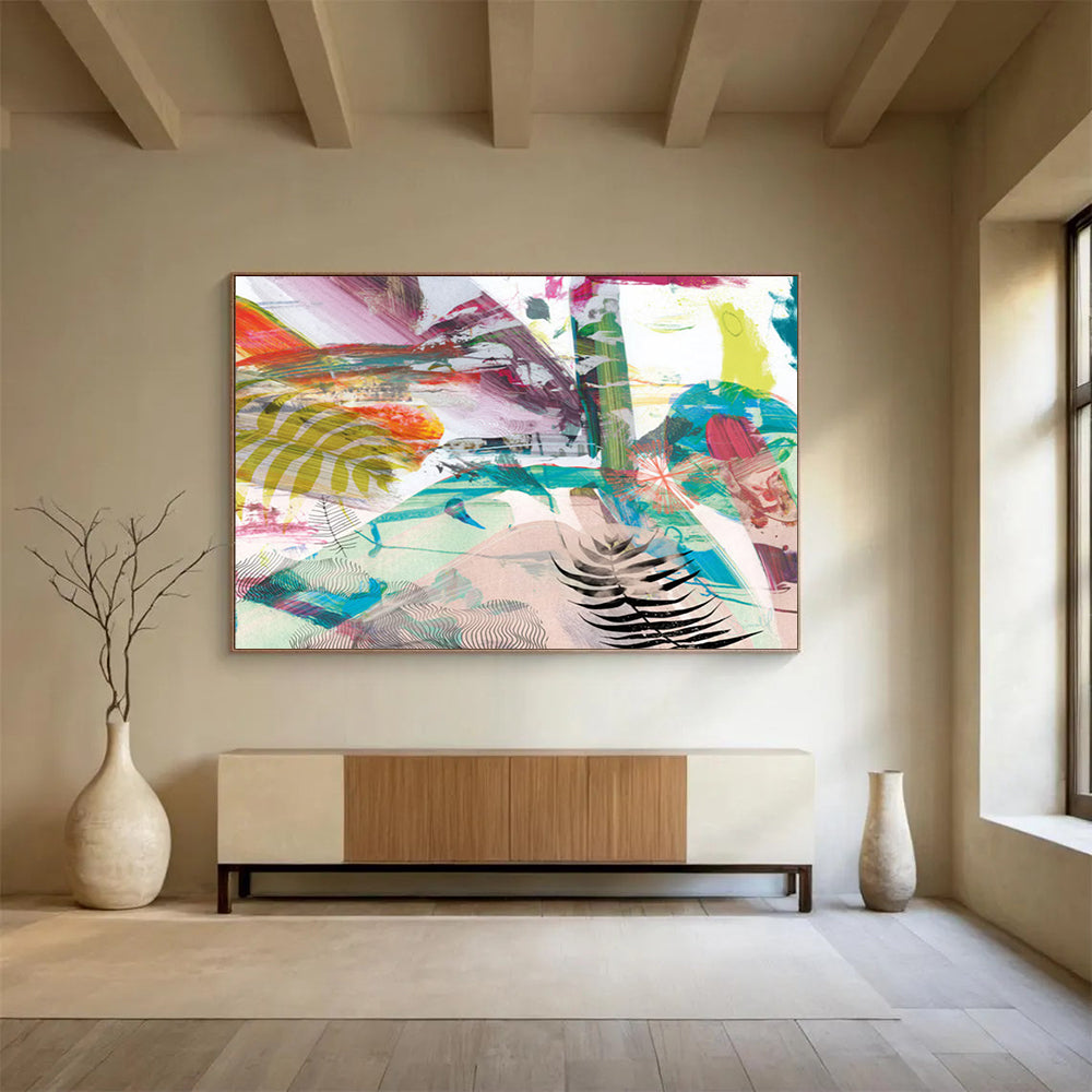 “Vibrant Mixed - Media Abstract with Ferns” - Botanical Mixed - Media Painting On Canvas PT118