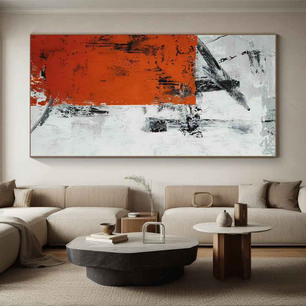 “Orange - Grey Abstract Textured Rectangle” - Rustic Abstract Painting On Canvas PS0332