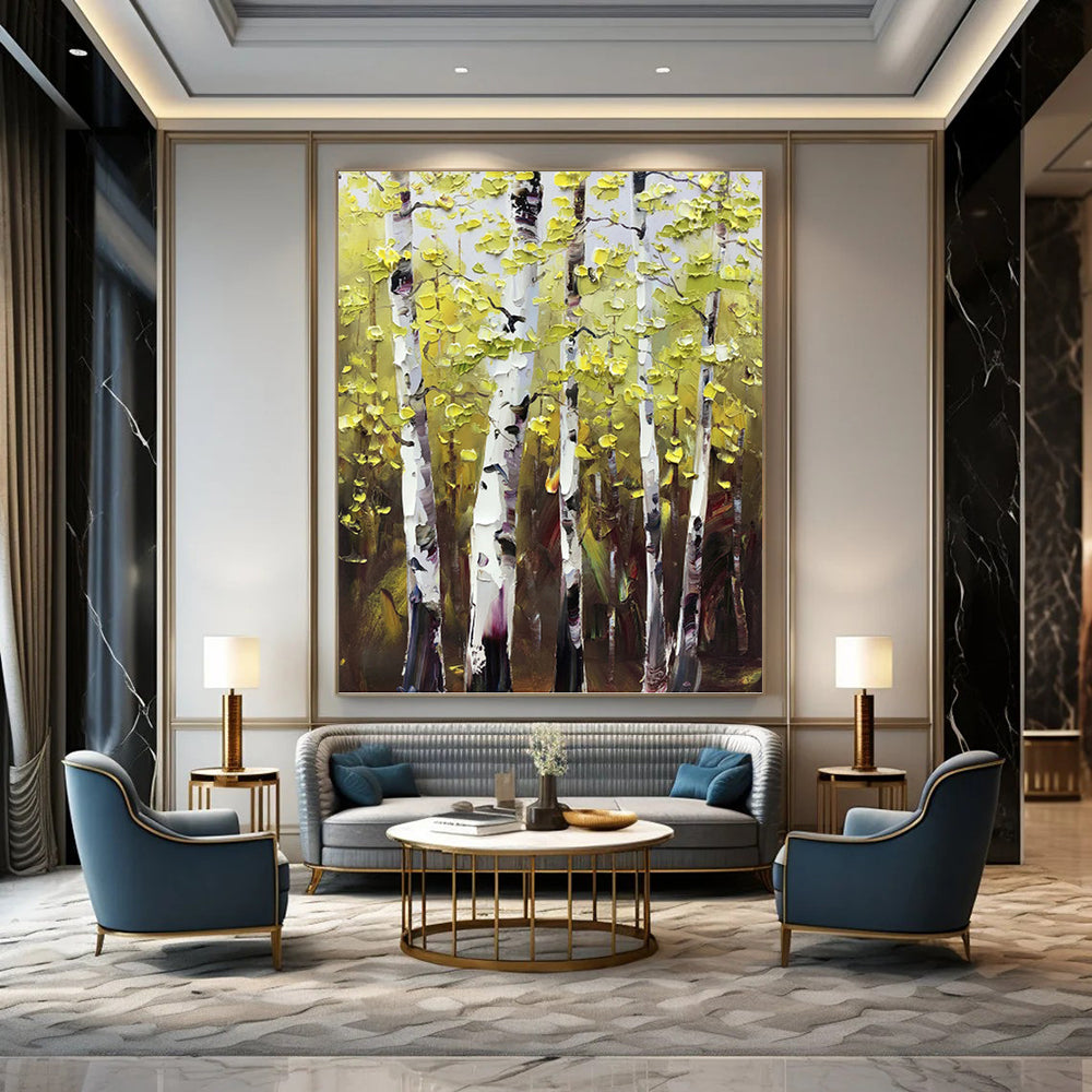 “Yellow - Green Birch Forest” - Impasto Landscape Painting On Canvas PT1282