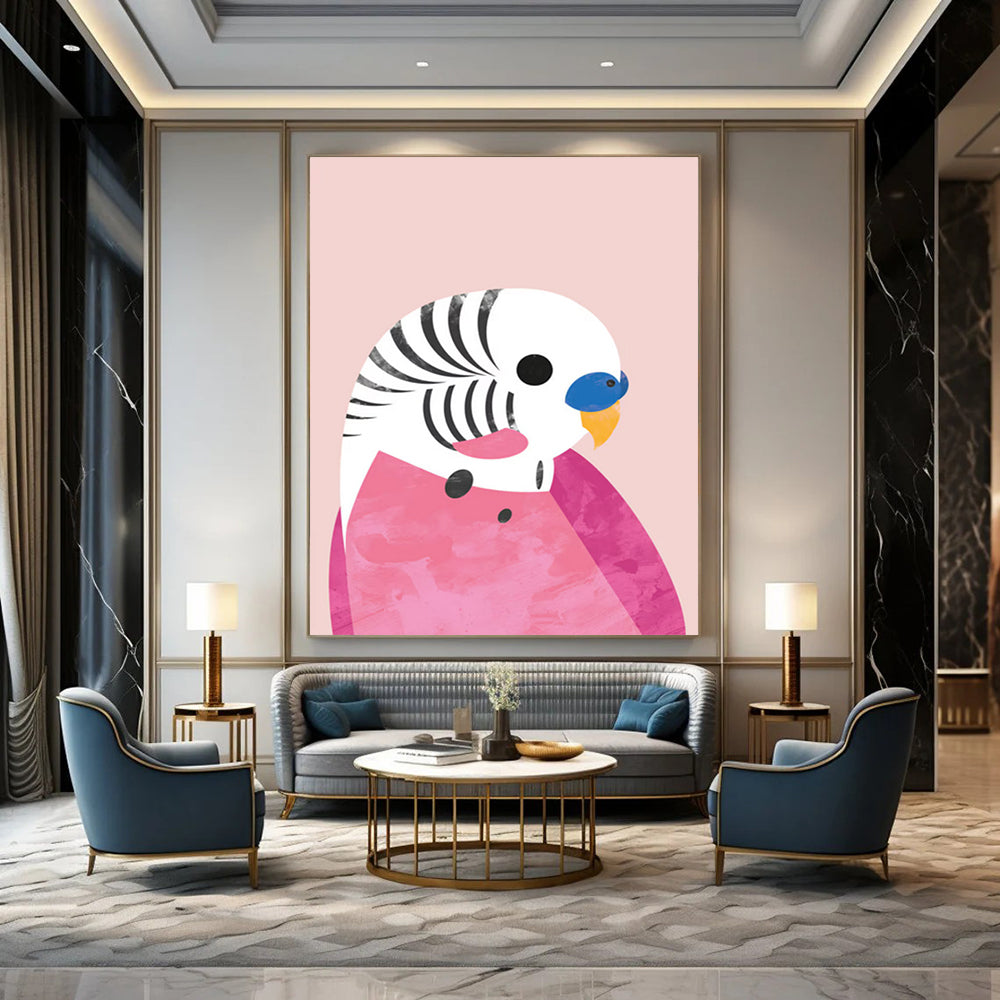 “Pink - Backgrounded Parakeet” - Colorful Bird with Geometric Shapes Painting On Canvas DS227