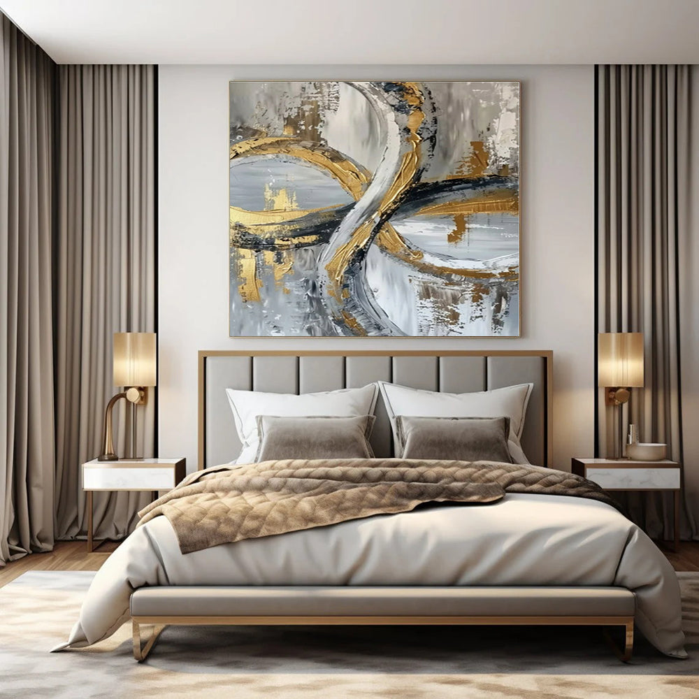 Gold and Gray Intertwined Rings - Textured Abstract Painting On Canvas PS1251