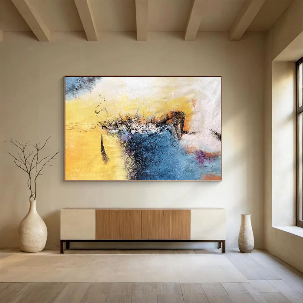 “Vibrant Yellow and Blue Abstract” - Energetic Abstract Painting On Canvas PT156