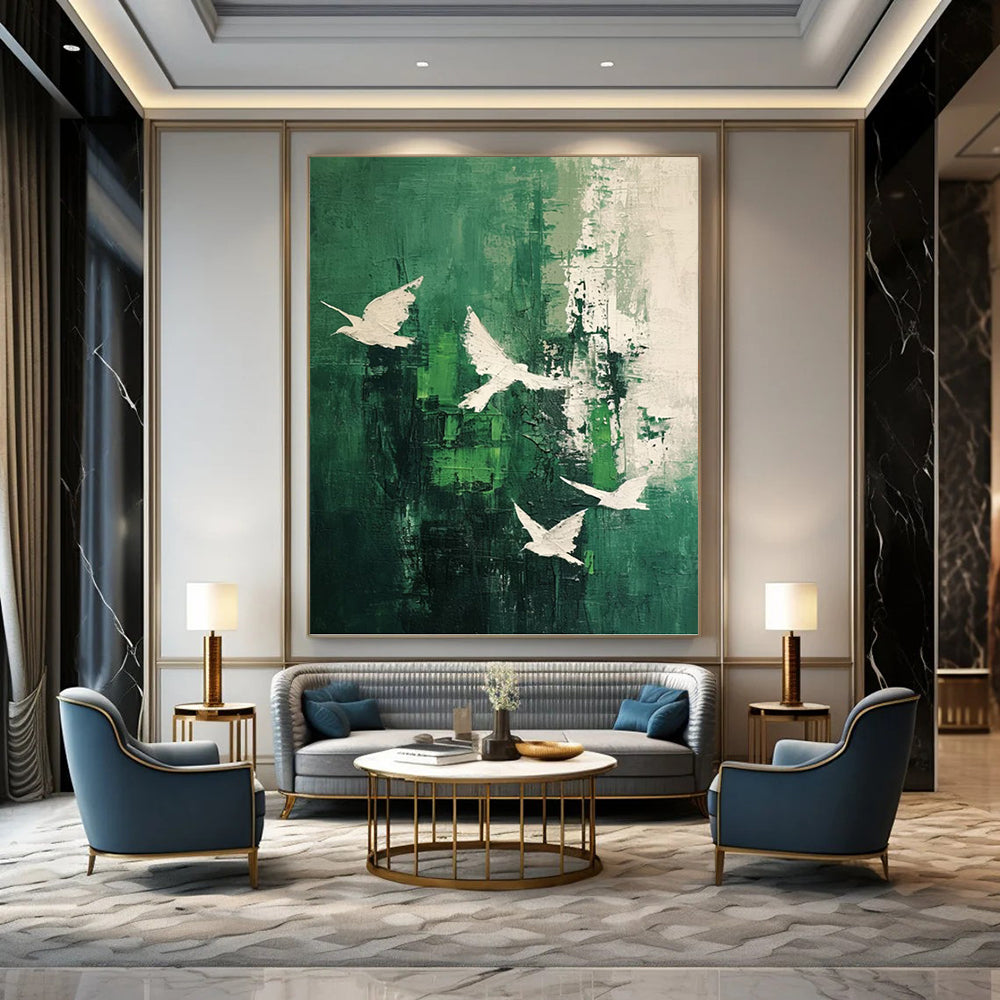 “Green - White Bird Abstract” - Abstract Expressionist Painting On Canvas PT1311