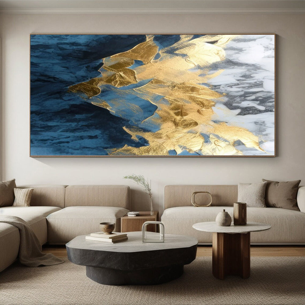 “Blue - Gold Abstract with Marble - like Textures” - Luxurious Abstract Painting On Canvas PS0285