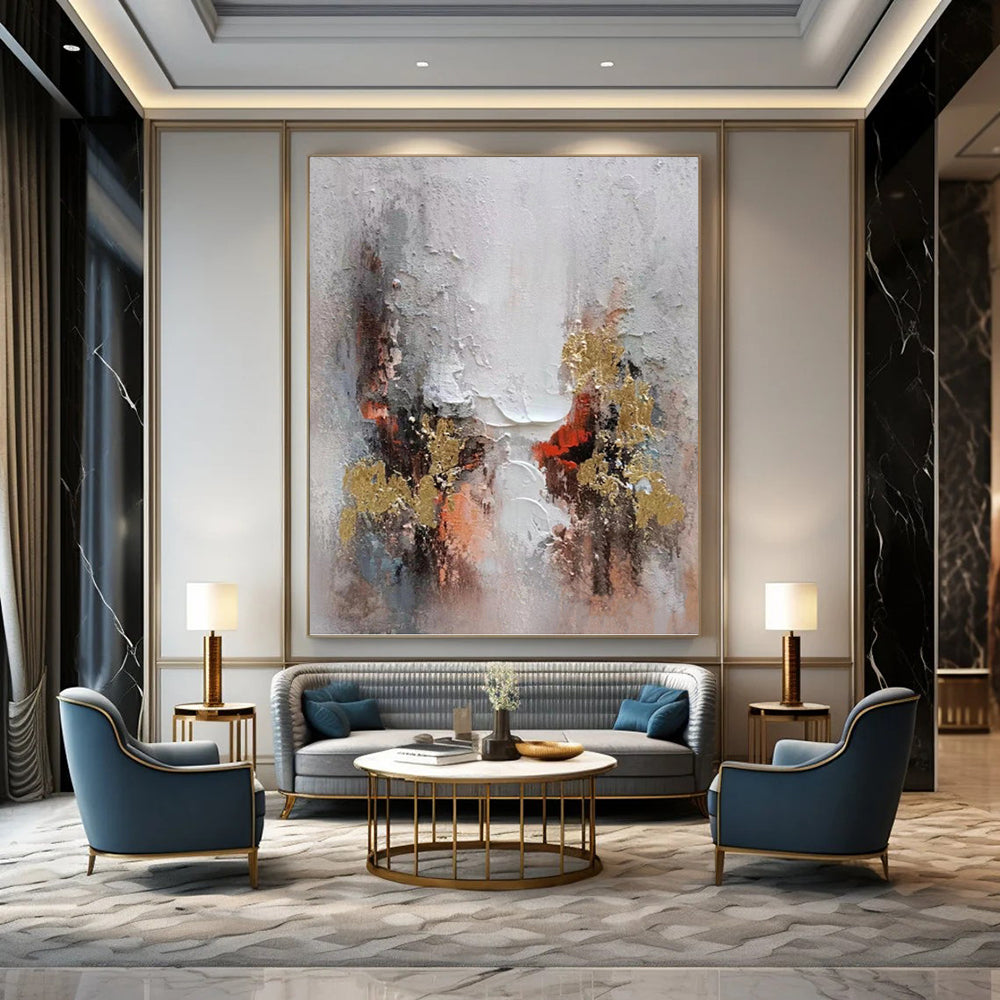 “Grey - Gold Abstract Bursts” - Impasto Abstract Painting On Canvas PT1168