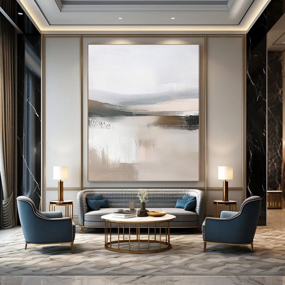 “Abstracted Mountain Lake in Beige - Gray” - Abstract Landscape Painting On Canvas PT2059