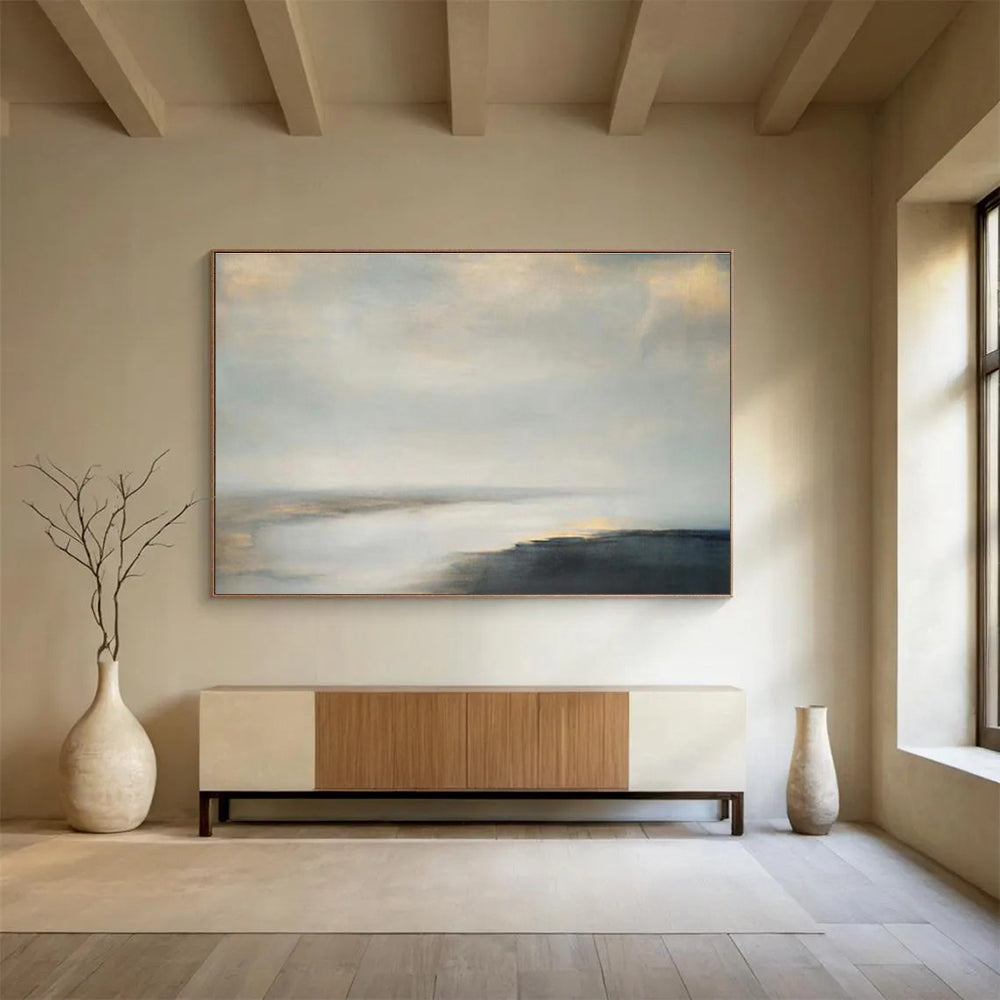 Soft Grey and Beige Sky Over Calm Sea Seascape Painting On Canvas DKS108