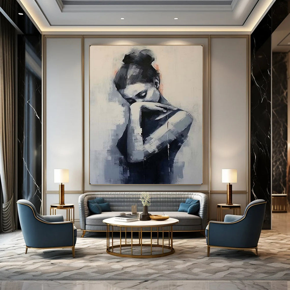 Monochrome Contemplative Figure, Minimalist Expression, Painting On Canvas PT2140