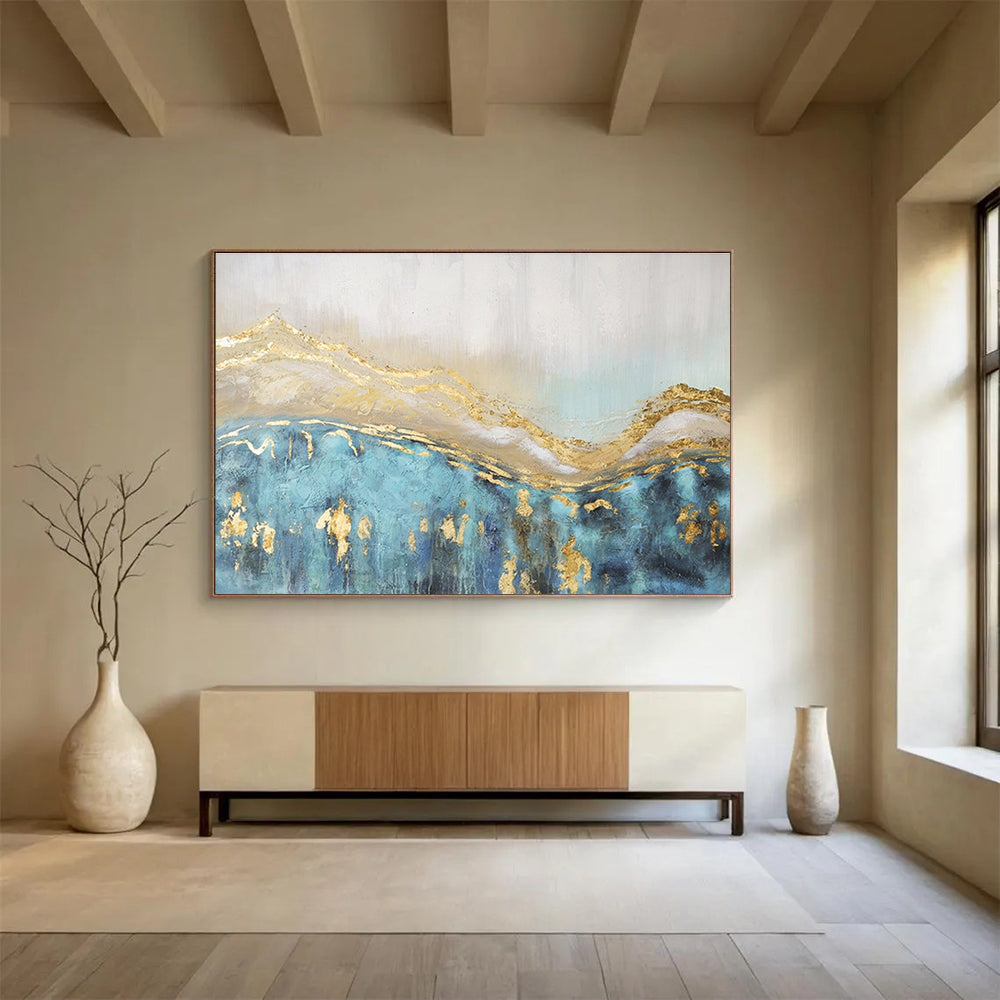 “Gold - Blue Abstract Peaks” - Blue, Gold & White Abstract, Textured Acrylic Painting On Canvas DKS733