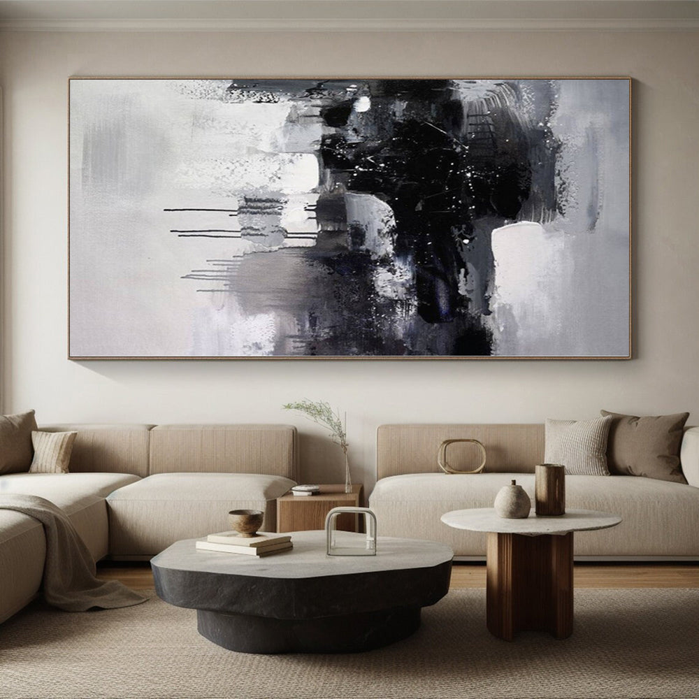 “Black - White - Grey Ink - like Abstract Drippings” Painting On Canvas PS0376