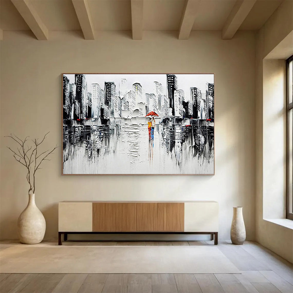 “Urban Rainy Day in Black and White with Red Accents” - Impressionistic Oil Painting On Canvas DKS895