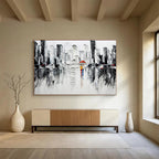 “Urban Rainy Day in Black and White with Red Accents” - Impressionistic Oil Painting On Canvas DKS895