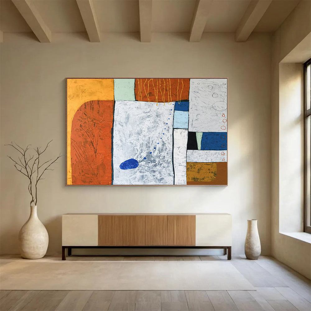 “Textured Color Blocks in Orange, Green, Blue” Mixed Media Abstract Painting On Canvas PT1807