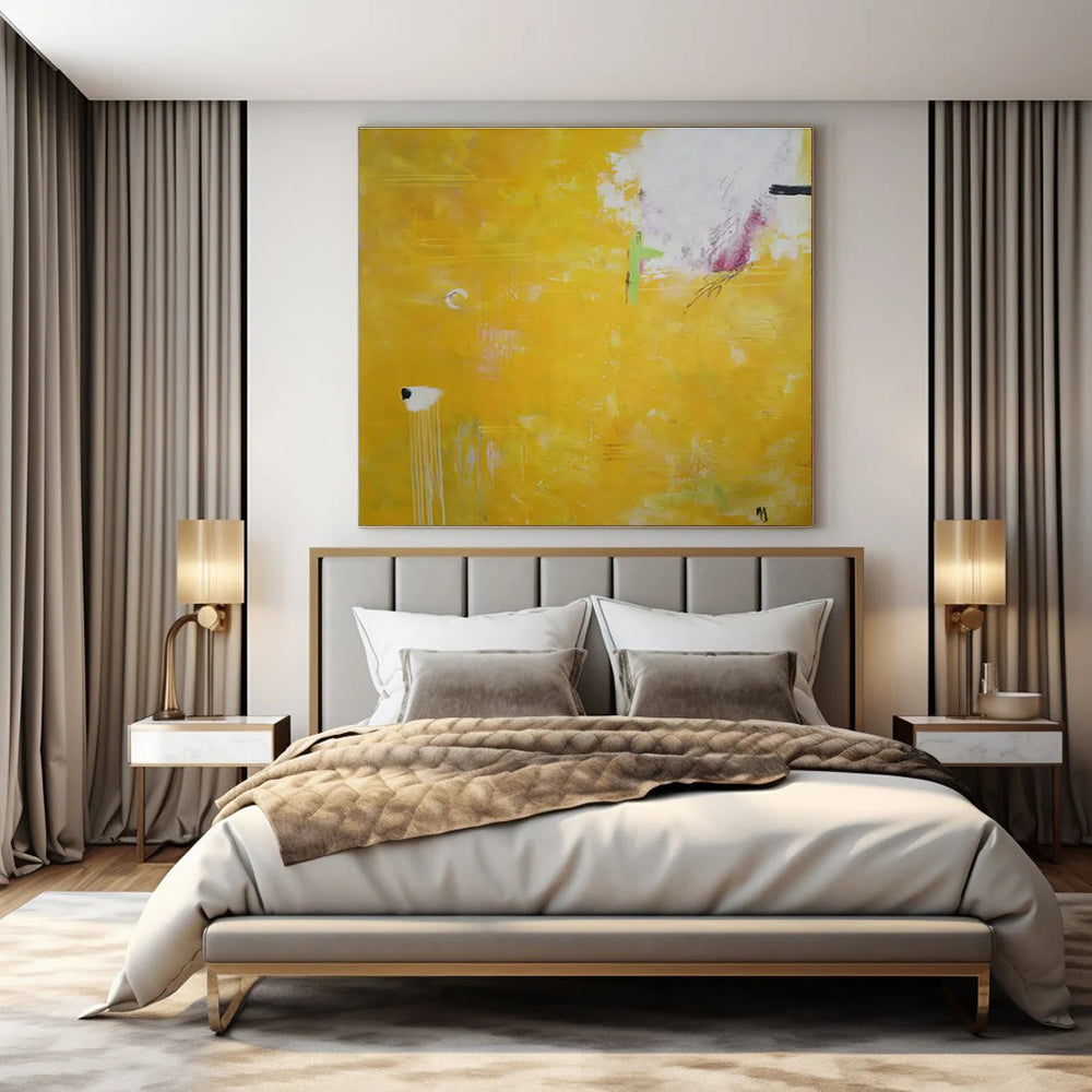 Bright Yellow, White, Green with Minimal Marks "Sunny Whispers" Abstract Painting On Canvas PS1407