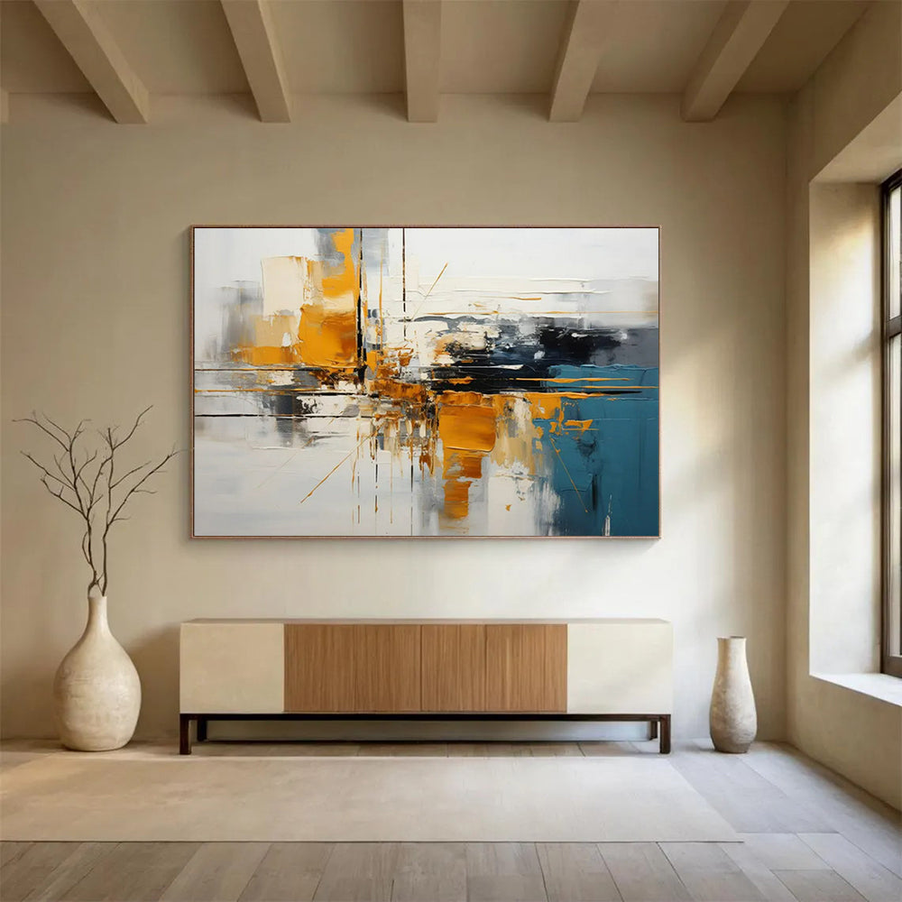 “Gold - Blue Abstract Cityscape” - Abstract Modernist - Painting On Canvas PT1753
