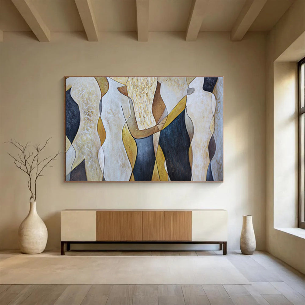 “Abstract Human Forms” - Beige, Black & Gold Figurative, Modern Oil Painting On Canvas DKS731