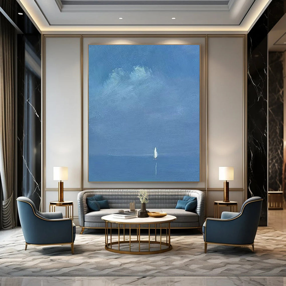 “Pale Blue Distant Sailboat” - Minimalist Maritime Painting On Canvas PT1879