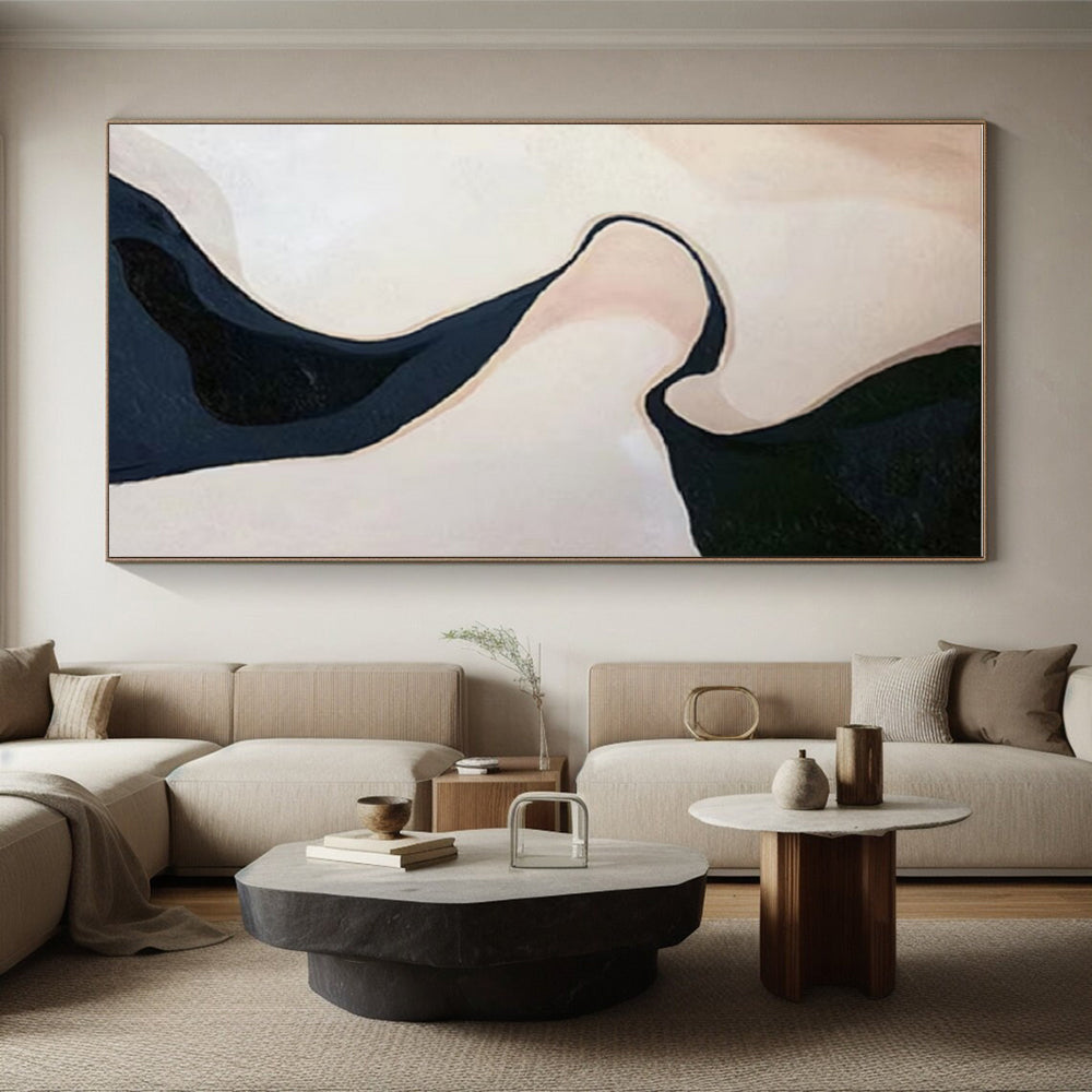 “Meandering Dark River” - Beige, Dark Blue Abstract Landscape Painting On Canvas PS0664