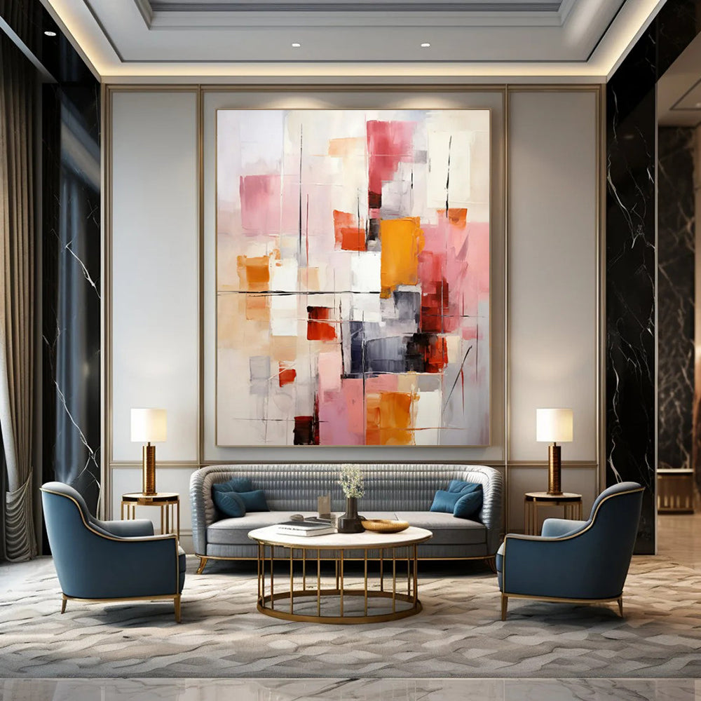 “Pink, Orange, and Gray Abstract” - Modernist Abstract Painting On Canvas PT2278