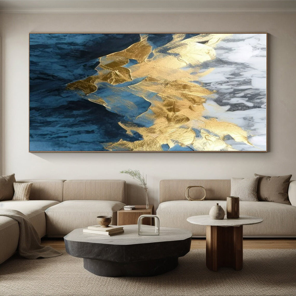 Blue and White with Gold Foil, "Gilded Peaks" – Abstract Mountain - Inspired On Canvas PS0916