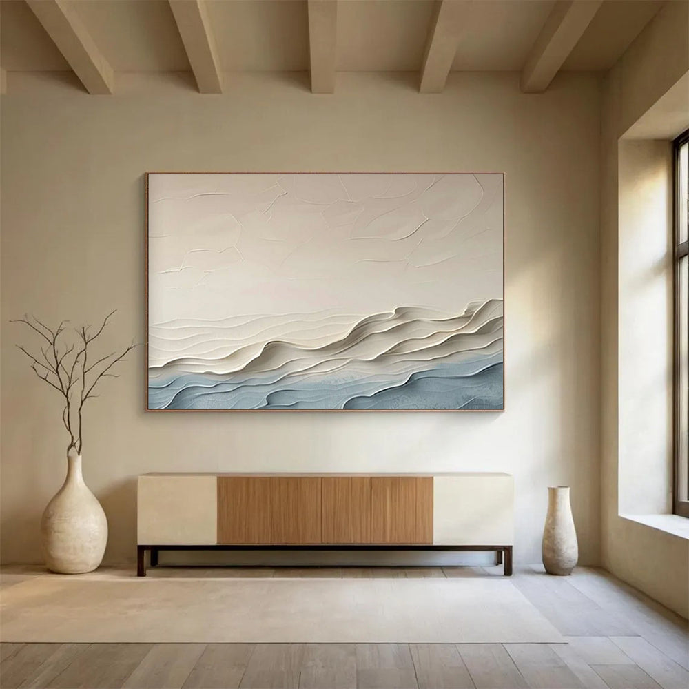 “Beige & Blue Textured Waves” - 3D Abstract Landscape Painting On Canvas PT251