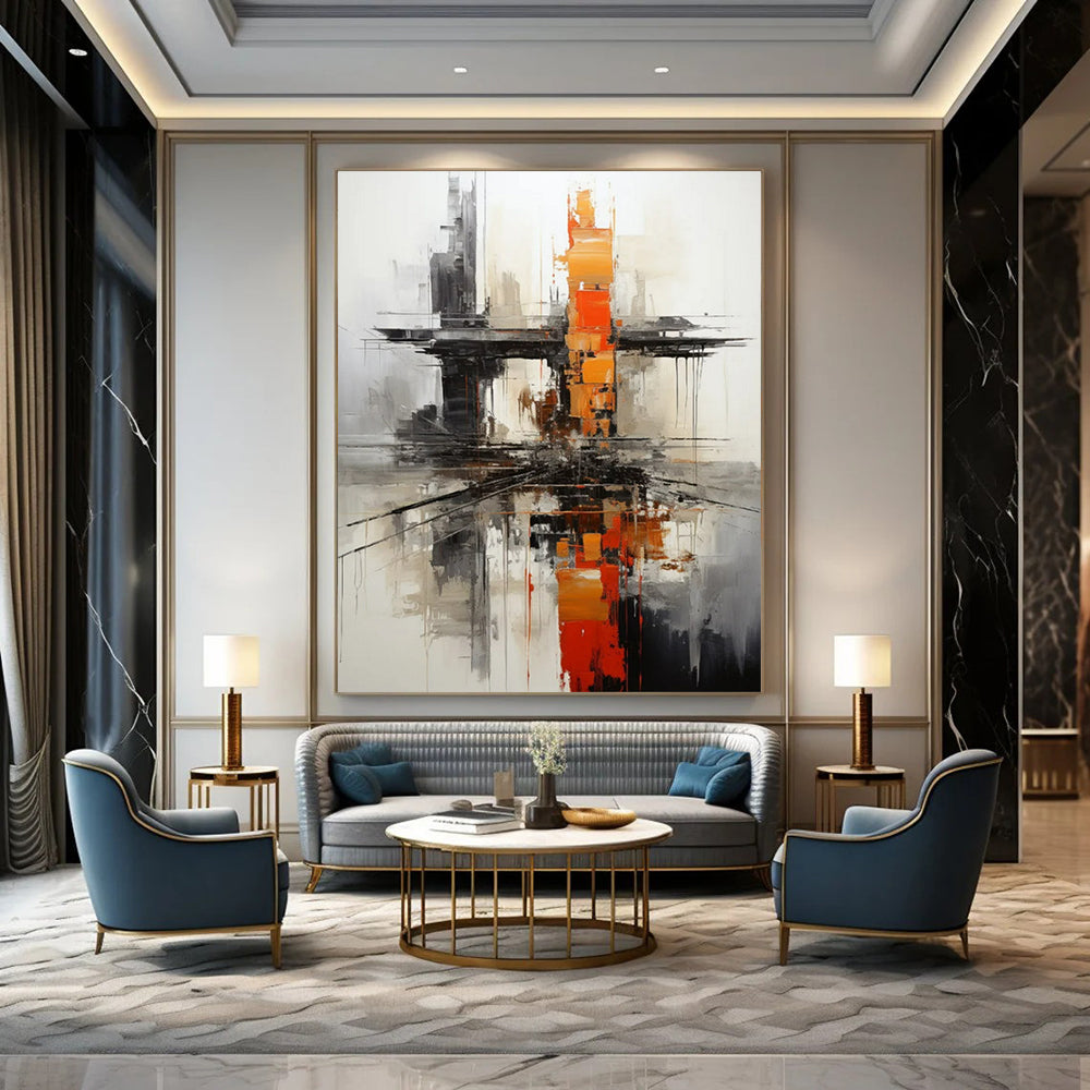 “Urban Abstract in Gray, Black, and Orange” - Industrial Abstract Painting On Canvas PT2265