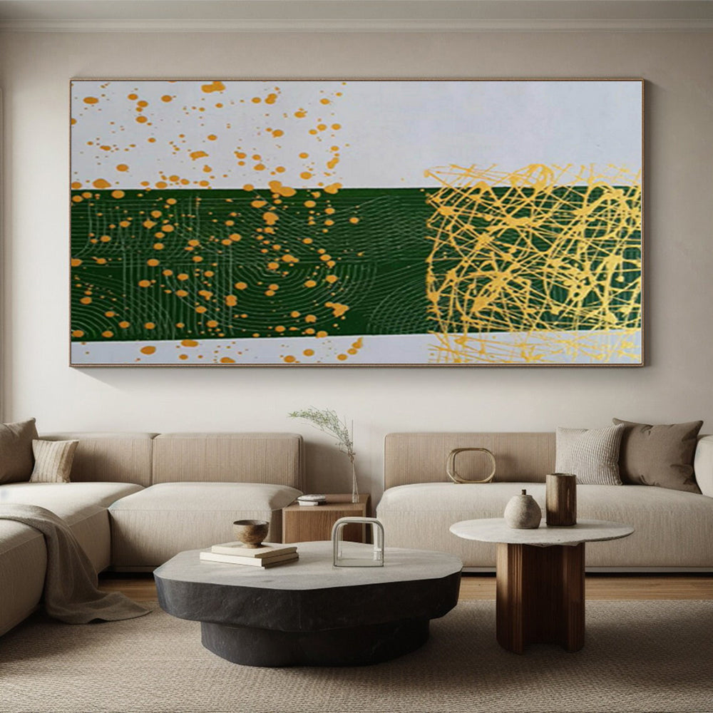 “Green - Yellow Splatter Geometry” - Green, Yellow Abstract Painting On Canvas PS0476