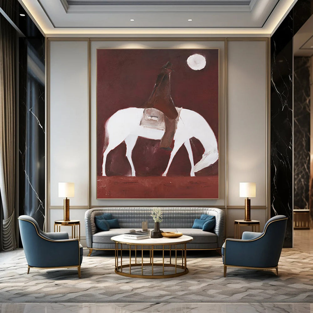 “Rider on White Horse in Red” - Minimalist - Inspired Figurative Painting On Canvas PT1425