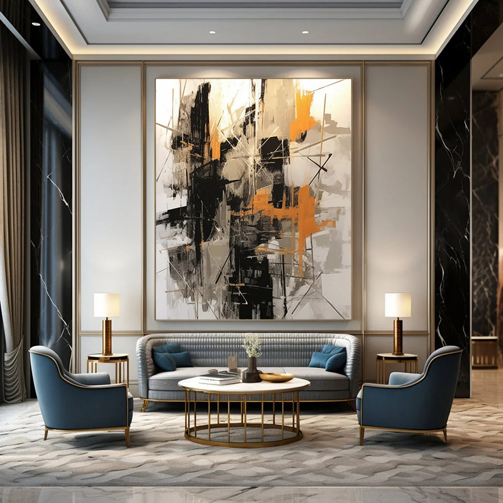 Black - Orange - Gray Abstract Web Painting On Canvas DS116