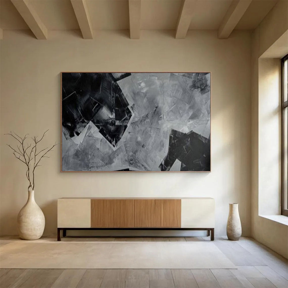 “Black - White Geometric Collage” - Abstract Cubist - Painting On Canvas PT1732