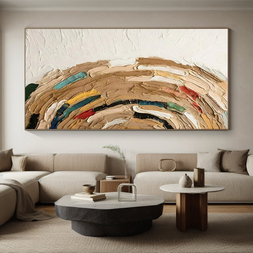 “Colorful Textured Circle” - Multicolor, Beige, Blue, Red, Yellow Abstract Impasto Painting On Canvas PS0663