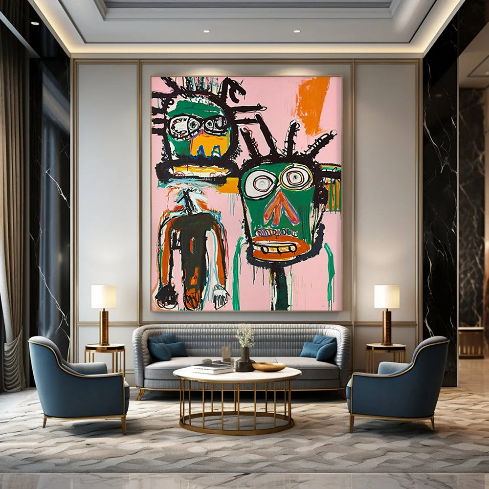 Dual Masks: Expressive Faces in Pink Painting On Canvas DS106