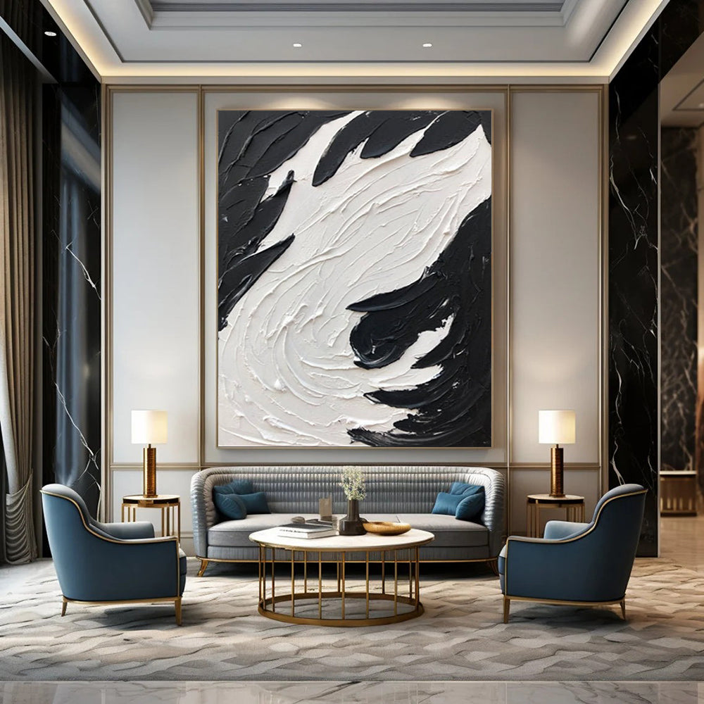 “Swirling Textures: Black and White Abstract” - Energetic Abstract Painting On Canvas DS398