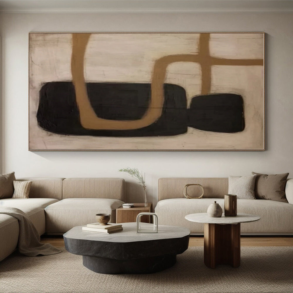 “Black - Brown Curved Abstraction” - Black, Brown Abstract Painting On Canvas PS0536