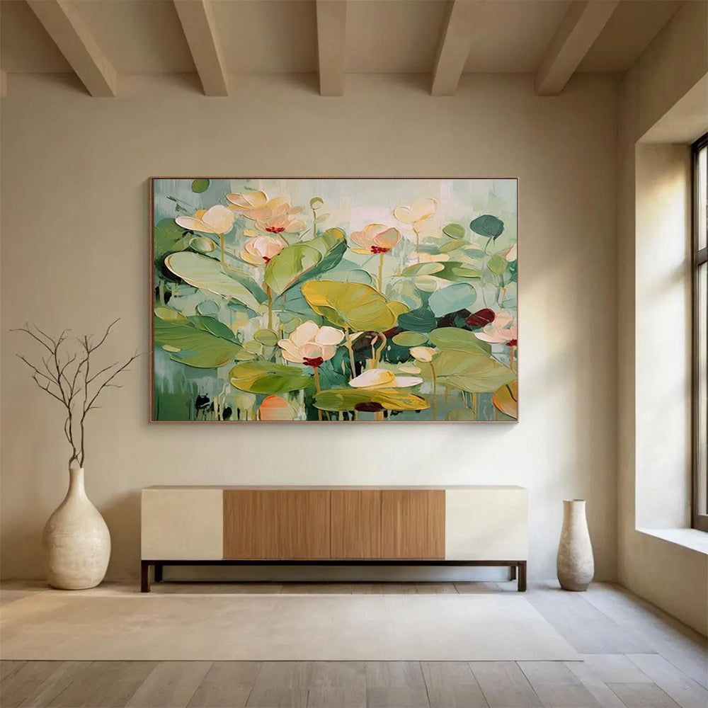 “Pastel - Toned Lotus Blooms” - Impressionistic Oil Painting on Canvas PT1494