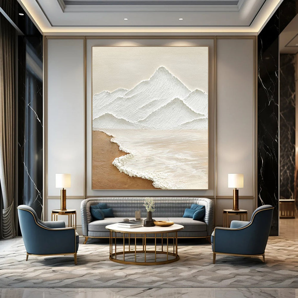 “White Mountain & Beach” - Textured Landscape Abstract Painting On Canvas DS273