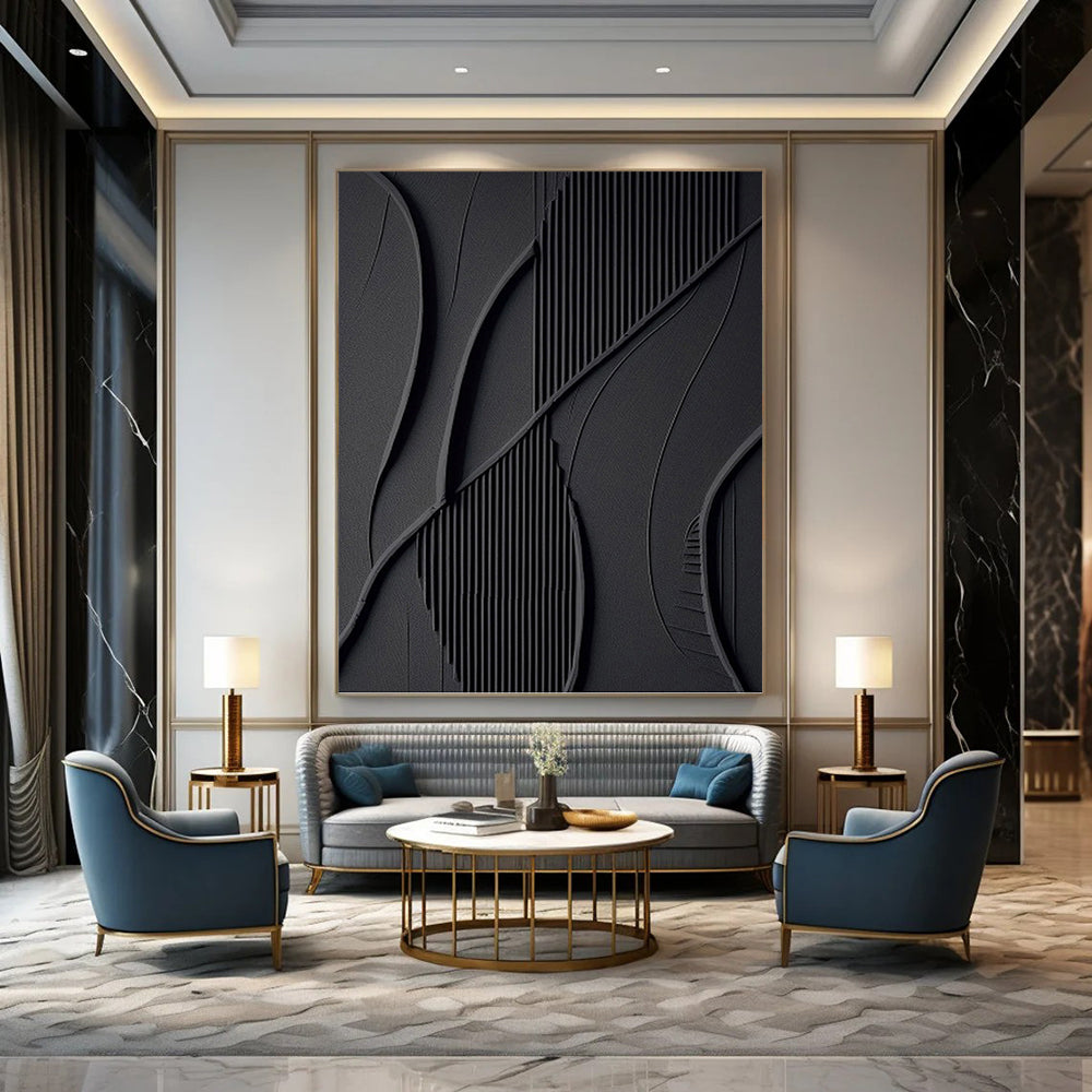 “Black Modern Curves” - Black, Textured Abstract Shapes Painting On Canvas PT1465