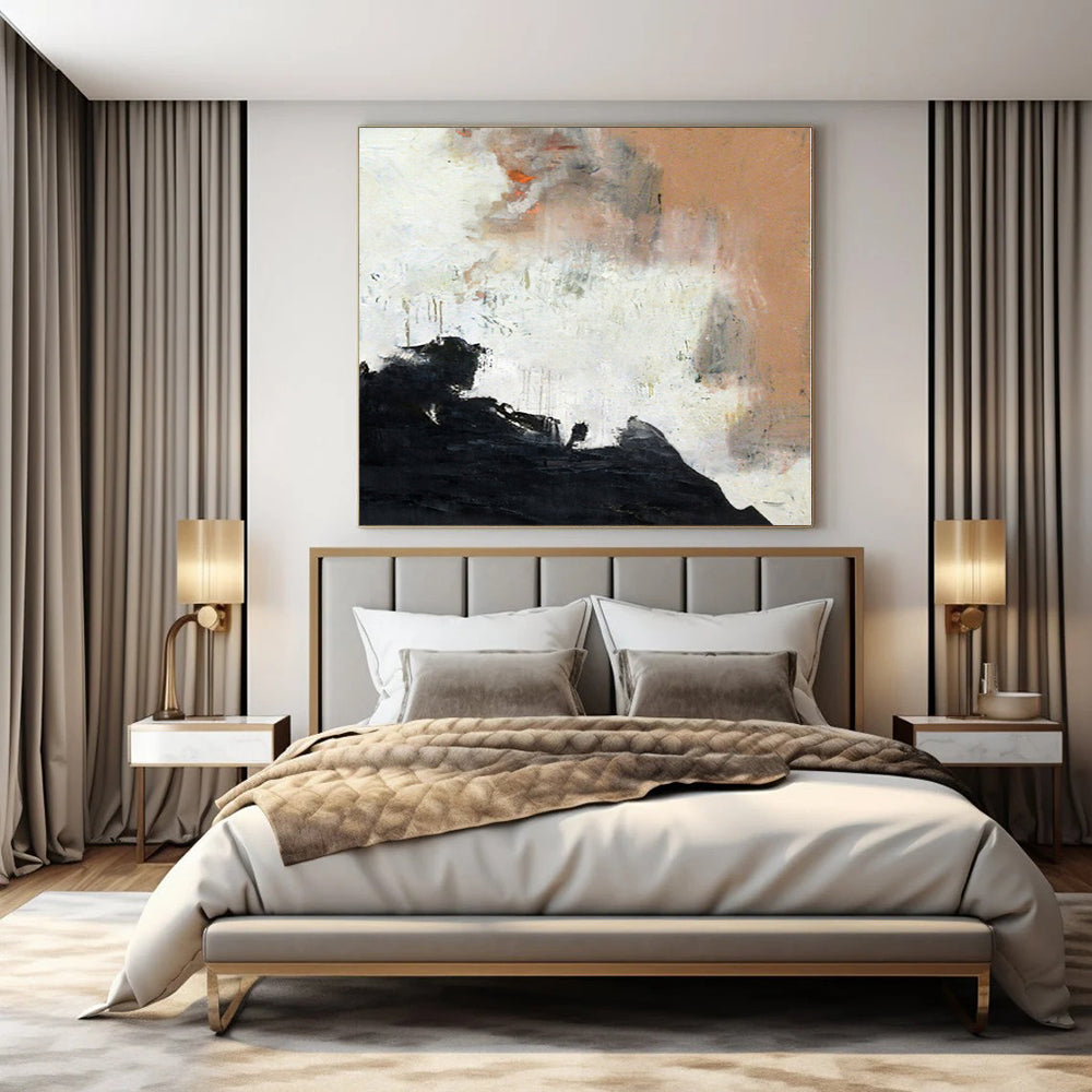 Black, White, Orange and Beige with Dynamic Textures "Fiery Dawn" Abstract Painting On Canvas PS1153