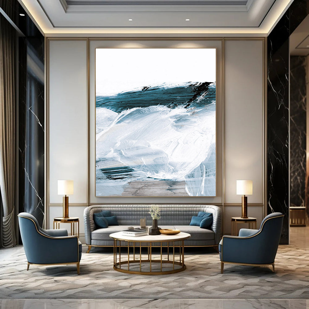 “Blue & White Abstract Waves” - Fluid Forms with Textured Layers Painting On Canvas DS219