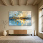 “Cityscape Reflection in Blues and Golds” - Cubist - Inspired Landscape Painting On Canvas PT050