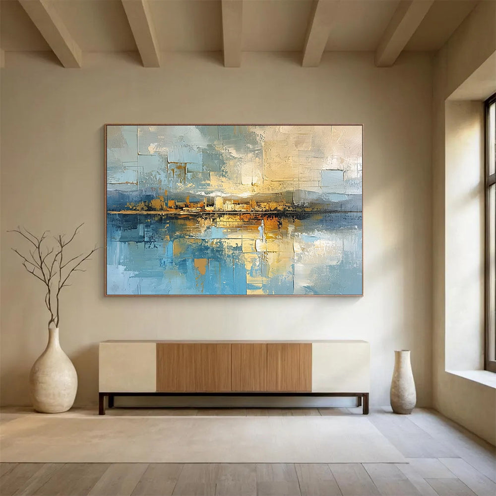 “Cityscape Reflection in Blues and Golds” - Cubist - Inspired Landscape Painting On Canvas PT050