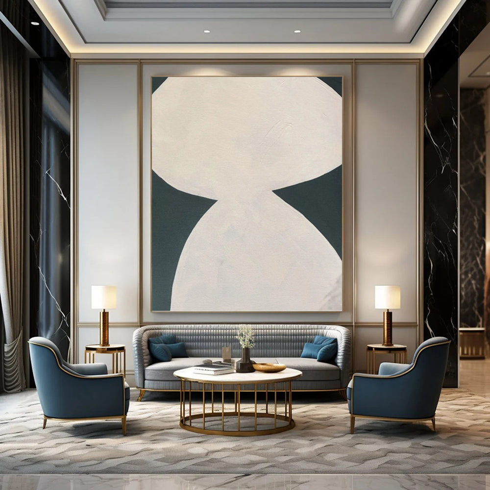 “White Curved Forms on Dark Green” - Contrasting Shapes Abstract Painting On Canvas PT1081