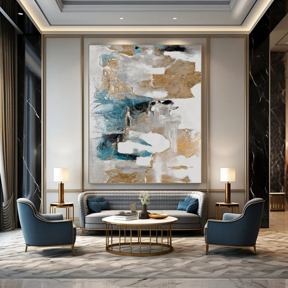 “Blue, Gray, and Gold Abstract” - Minimalist Abstract Painting On Canvas PT2245