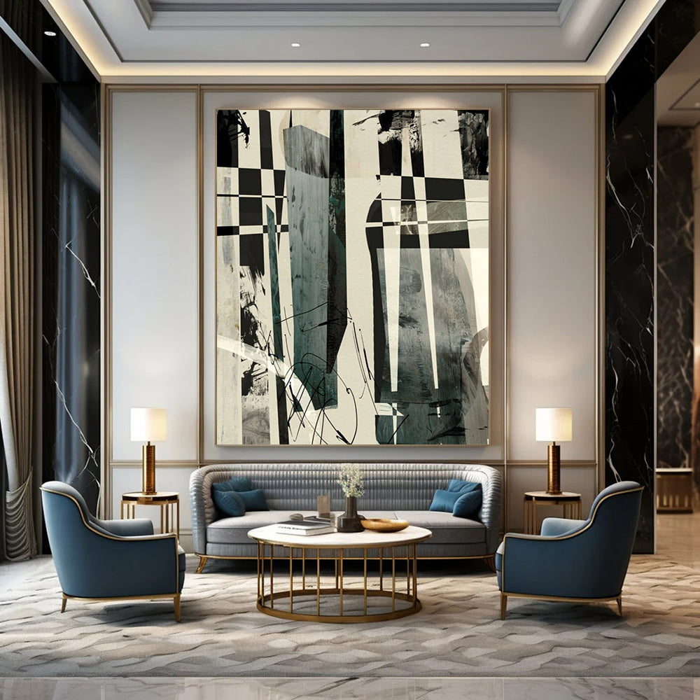 “Checkerboard & Abstract Forms” - Black & White with Dynamic Shapes Painting On Canvas DS218