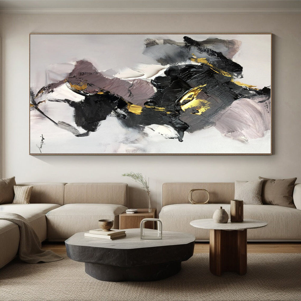 “Black - Gold - Purple Luxe Abstraction” - Black, Gold, Purple, Gray Abstract Painting On Canvas PS0511