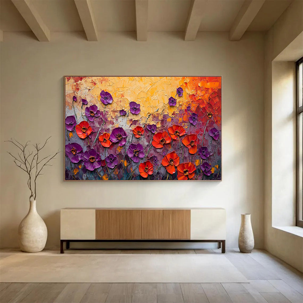 “Purple - Red Poppies Burst” - Impasto Oil Painting on Canvas DKS901
