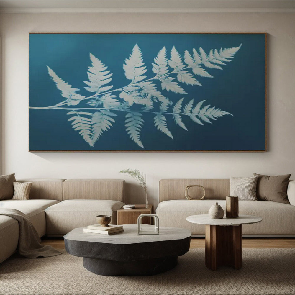 White Ferns on Blue, "Fern Fantasy" – Botanical Silhouette Painting On Canvas PS0874